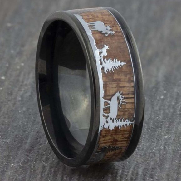 Oliver Black Tungsten Men's Ring; Wood Inlay; Moose Sillouette - Atlers-Trees - Picture 5 of 6